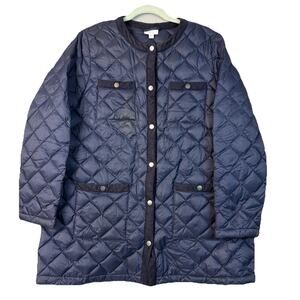 J. Jill Down Jacket Sz Lg Navy Quilted Puffer Corduroy Barn Nautical Chore Coat